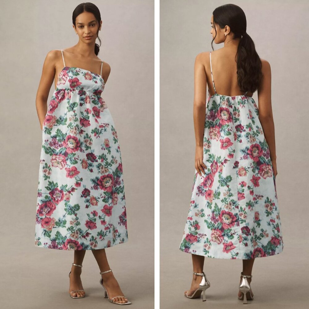 BHLDN White Floral Midi Dress with Pink and Green Print